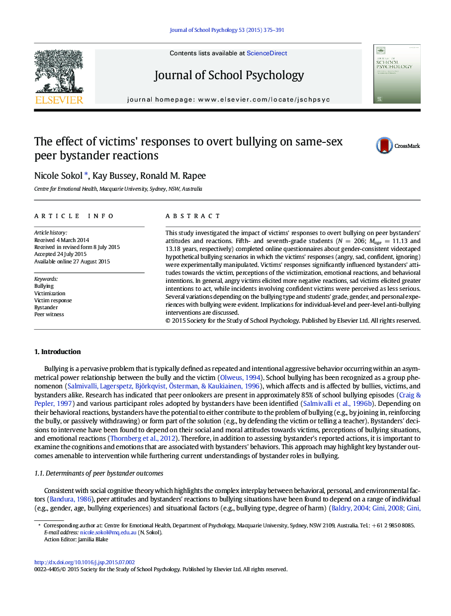 The effect of victims' responses to overt bullying on same-sex peer bystander reactions