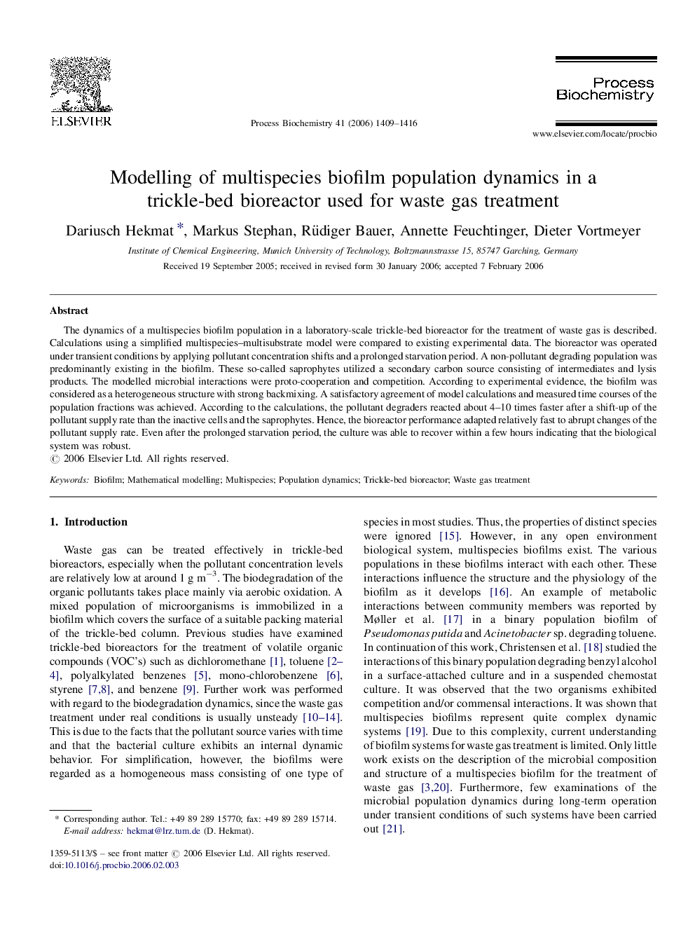 Modelling of multispecies biofilm population dynamics in a trickle-bed bioreactor used for waste gas treatment