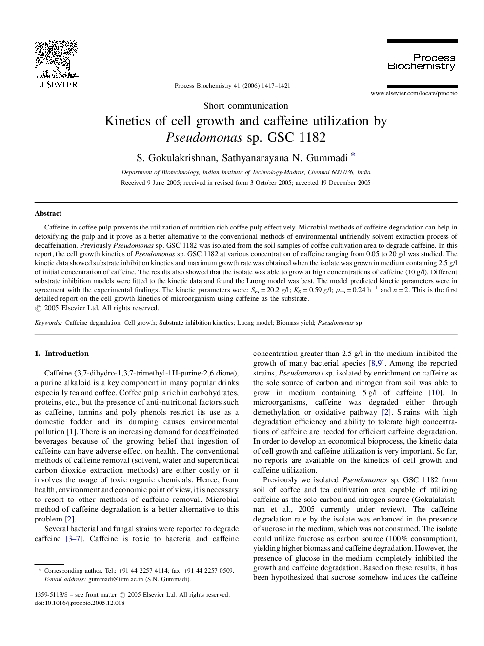 Kinetics of cell growth and caffeine utilization by Pseudomonas sp. GSC 1182