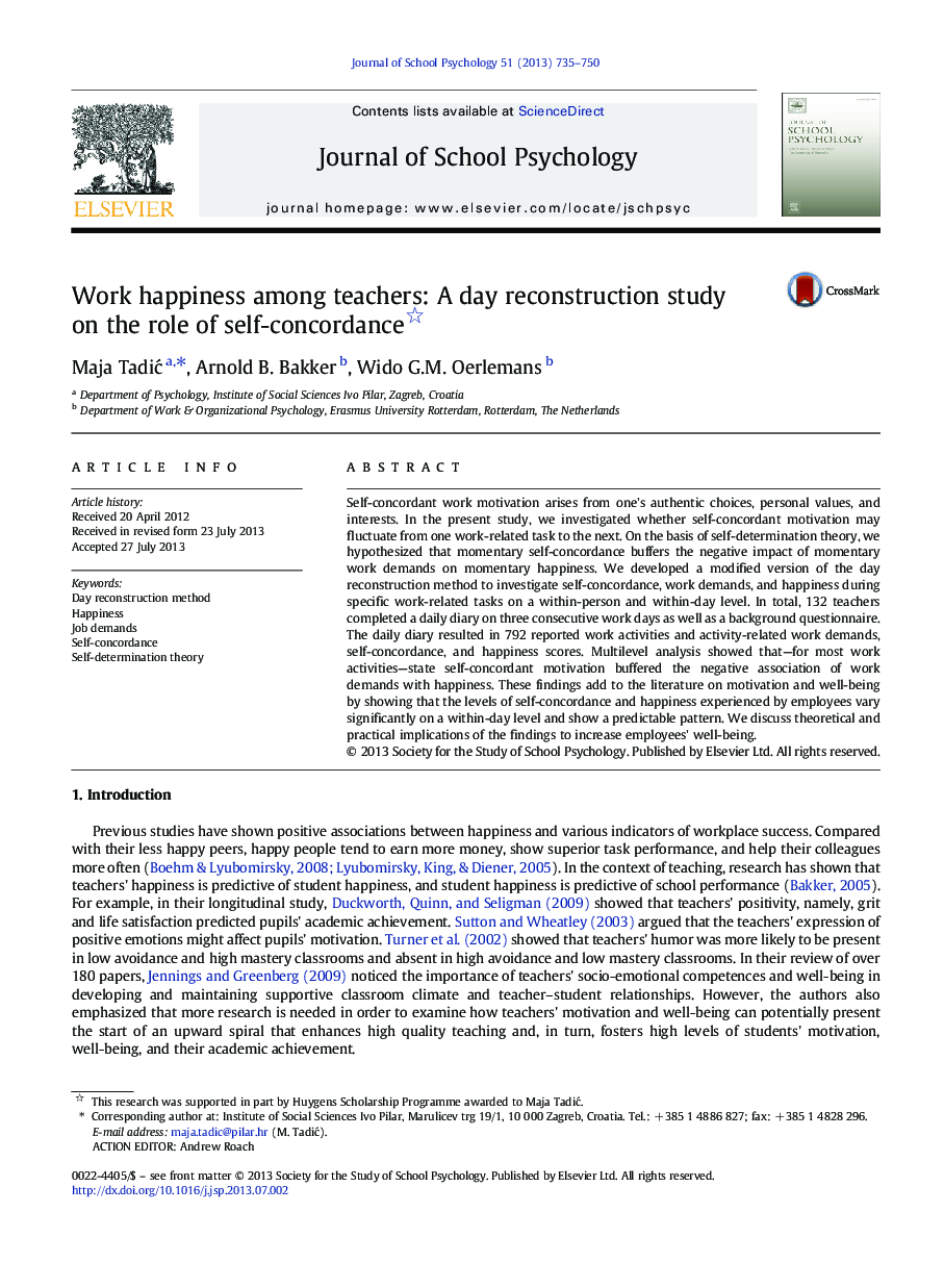 Work happiness among teachers: A day reconstruction study on the role of self-concordance 