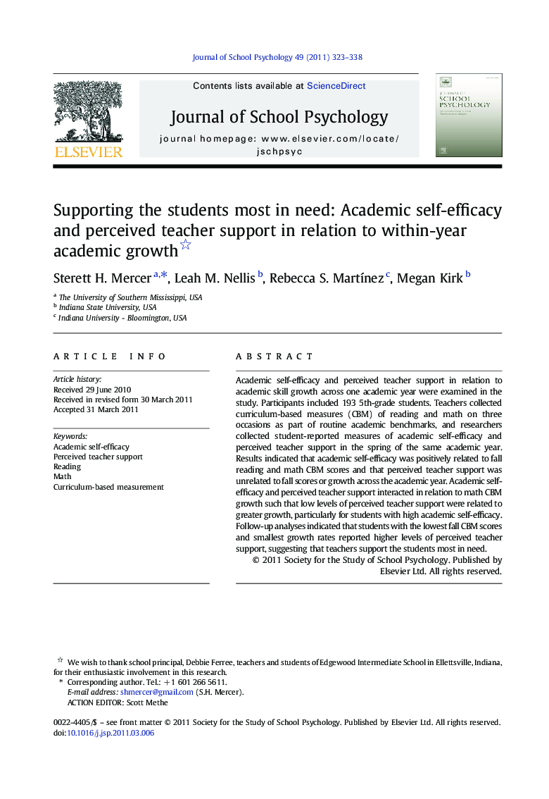 Supporting the students most in need: Academic self-efficacy and perceived teacher support in relation to within-year academic growth 