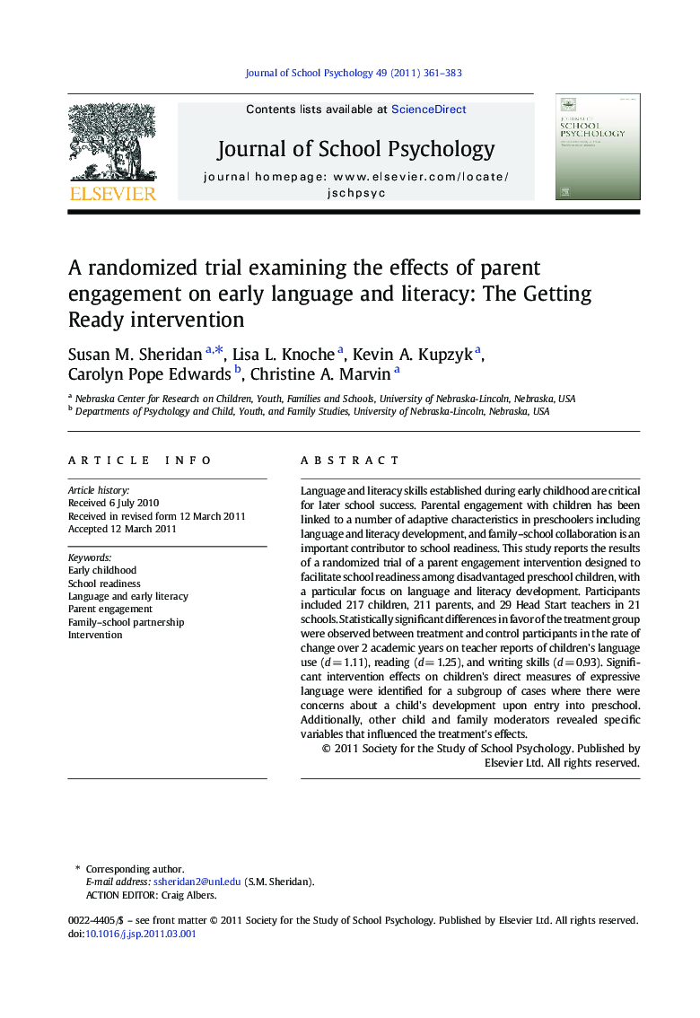 A randomized trial examining the effects of parent engagement on early language and literacy: The Getting Ready intervention