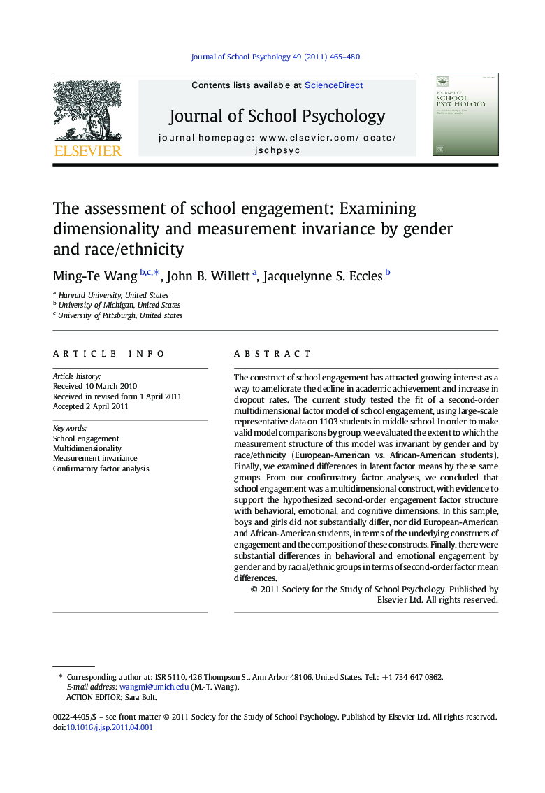 The assessment of school engagement: Examining dimensionality and measurement invariance by gender and race/ethnicity