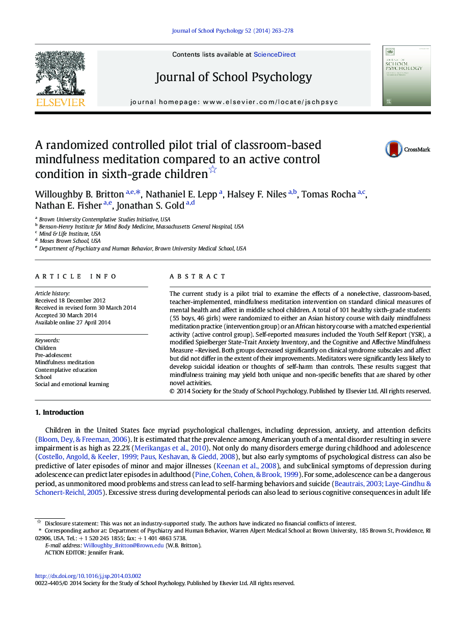 A randomized controlled pilot trial of classroom-based mindfulness meditation compared to an active control condition in sixth-grade children 