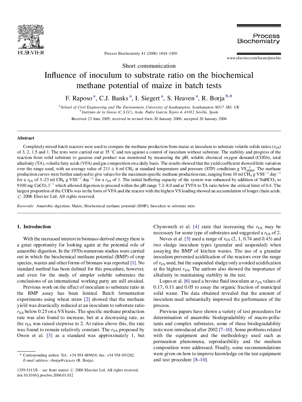 Influence of inoculum to substrate ratio on the biochemical methane potential of maize in batch tests