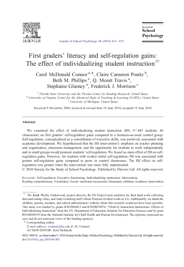 First graders' literacy and self-regulation gains: The effect of individualizing student instruction 