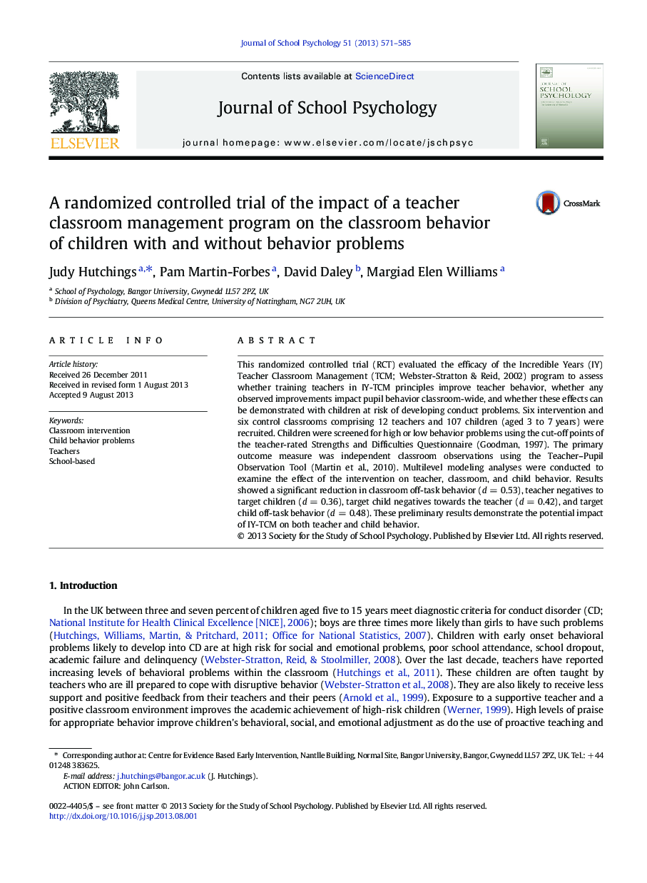 A randomized controlled trial of the impact of a teacher classroom management program on the classroom behavior of children with and without behavior problems