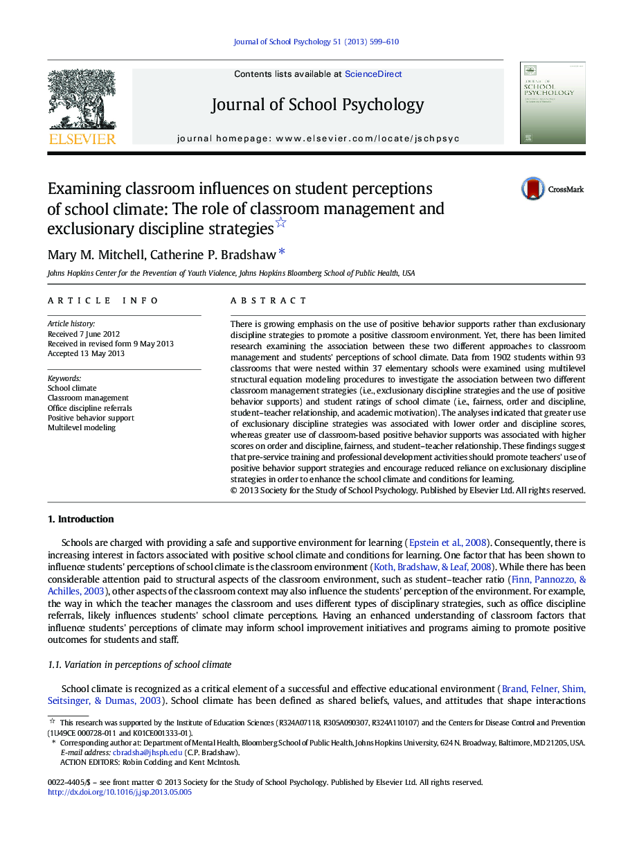 Examining classroom influences on student perceptions of school climate: The role of classroom management and exclusionary discipline strategies 