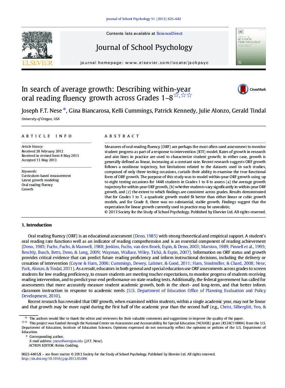 In search of average growth: Describing within-year oral reading fluency growth across Grades 1–8 