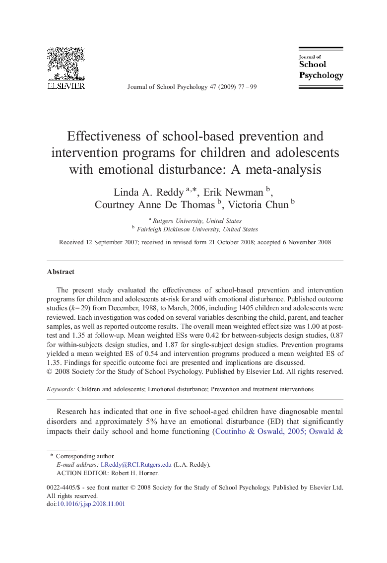 Effectiveness of school-based prevention and intervention programs for children and adolescents with emotional disturbance: A meta-analysis