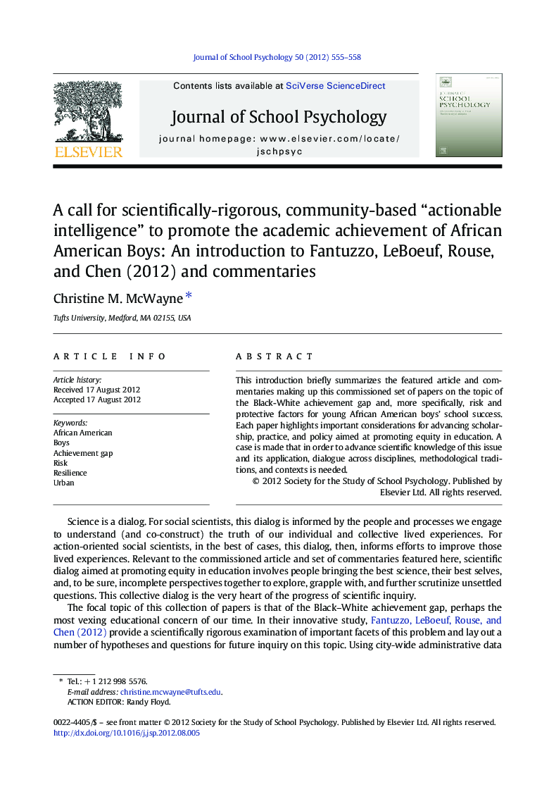 A call for scientifically-rigorous, community-based “actionable intelligence” to promote the academic achievement of African American Boys: An introduction to Fantuzzo, LeBoeuf, Rouse, and Chen (2012) and commentaries