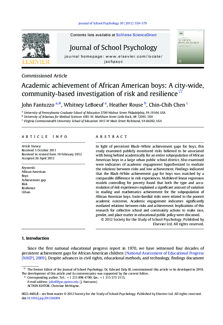 Academic achievement of African American boys: A city-wide, community-based investigation of risk and resilience 