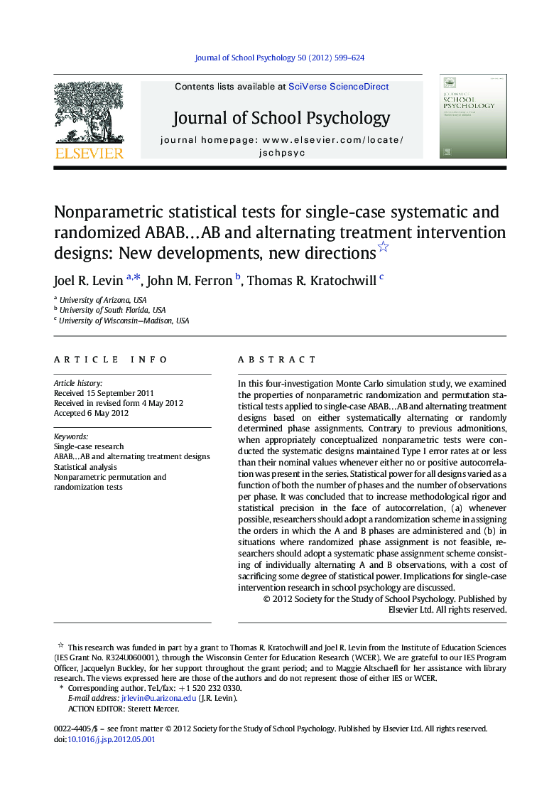 Nonparametric statistical tests for single-case systematic and randomized ABAB…AB and alternating treatment intervention designs: New developments, new directions 