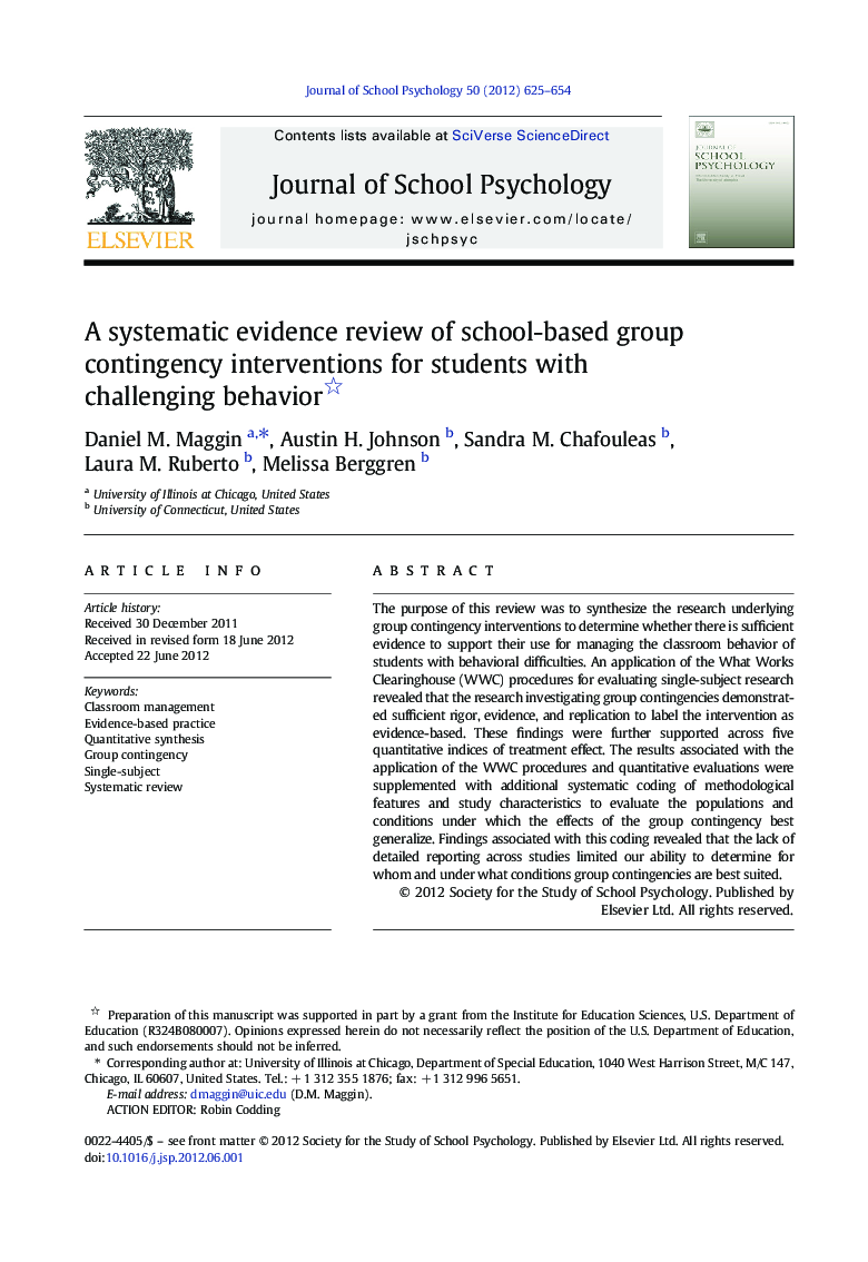 A systematic evidence review of school-based group contingency interventions for students with challenging behavior 