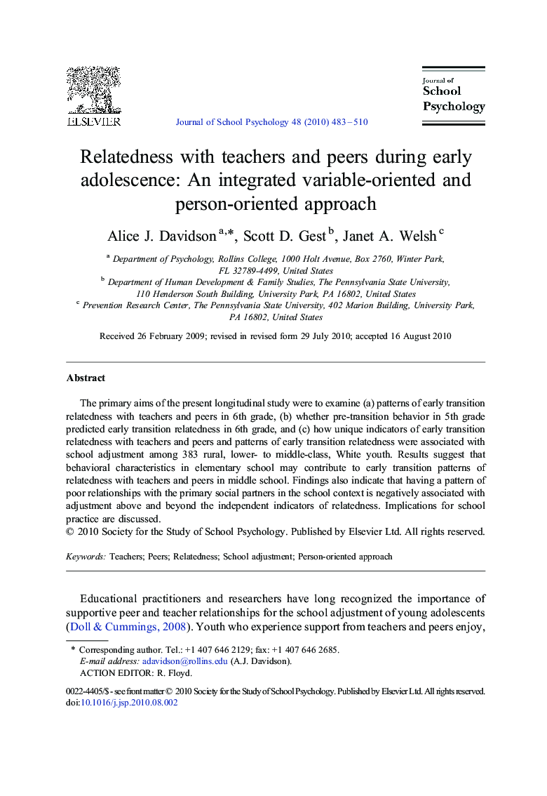 Relatedness with teachers and peers during early adolescence: An integrated variable-oriented and person-oriented approach