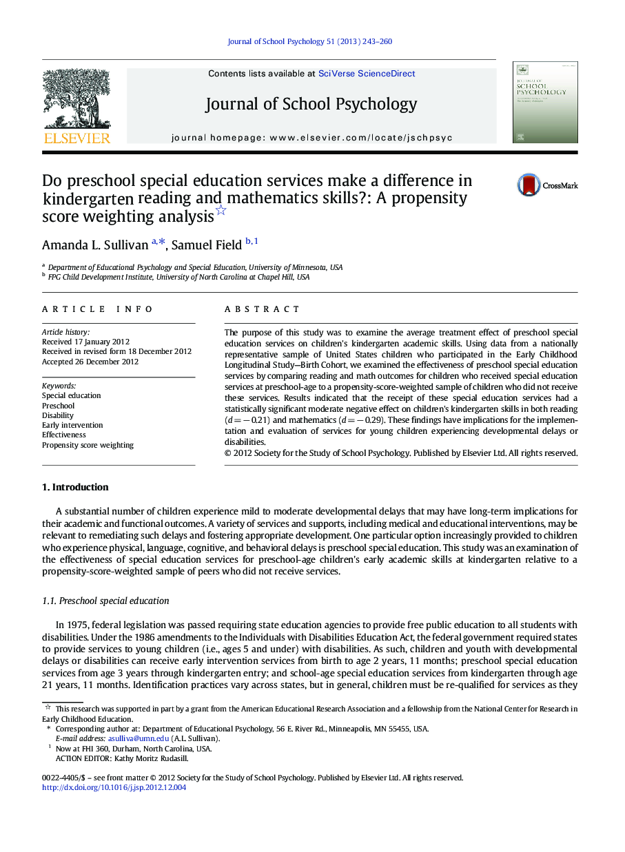 Do preschool special education services make a difference in kindergarten reading and mathematics skills?: A propensity score weighting analysis 