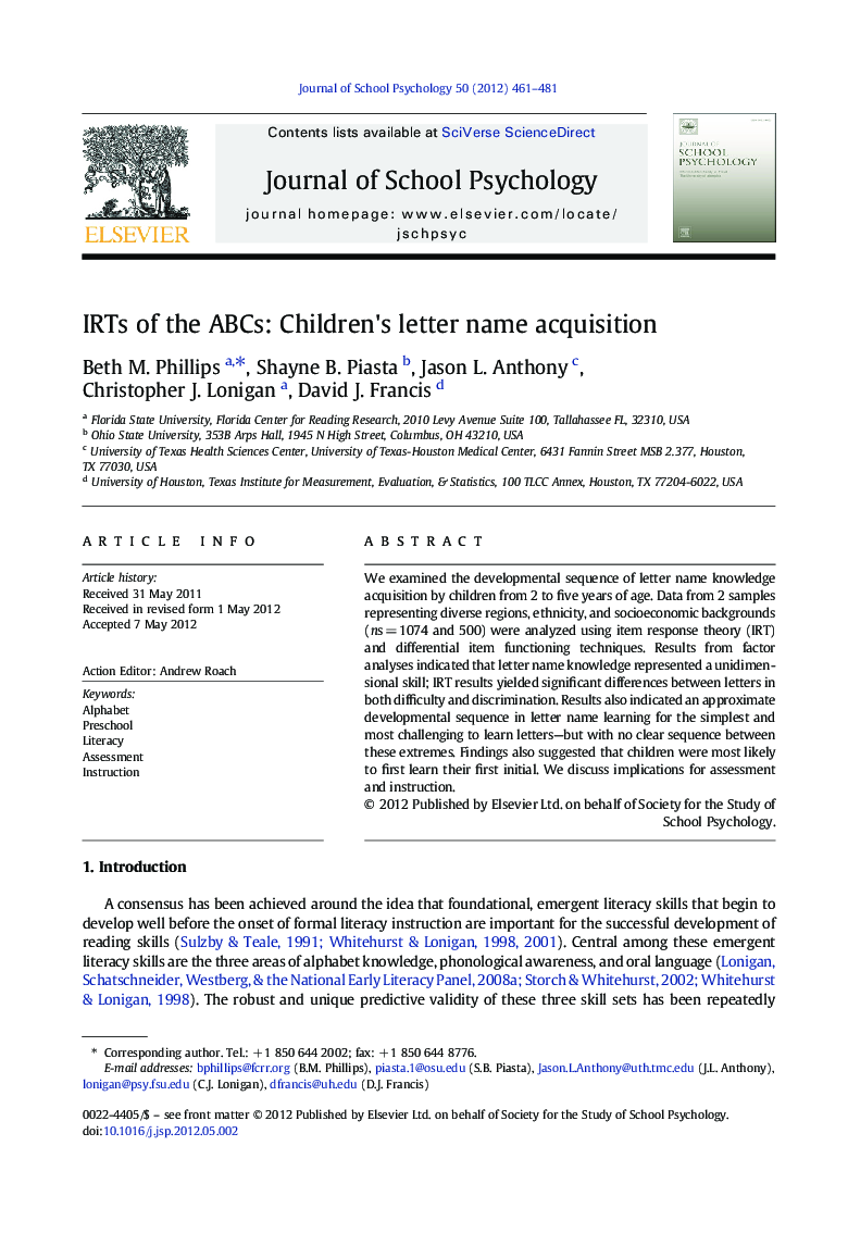 IRTs of the ABCs: Children's letter name acquisition