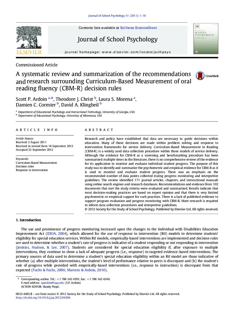 A systematic review and summarization of the recommendations and research surrounding Curriculum-Based Measurement of oral reading fluency (CBM-R) decision rules