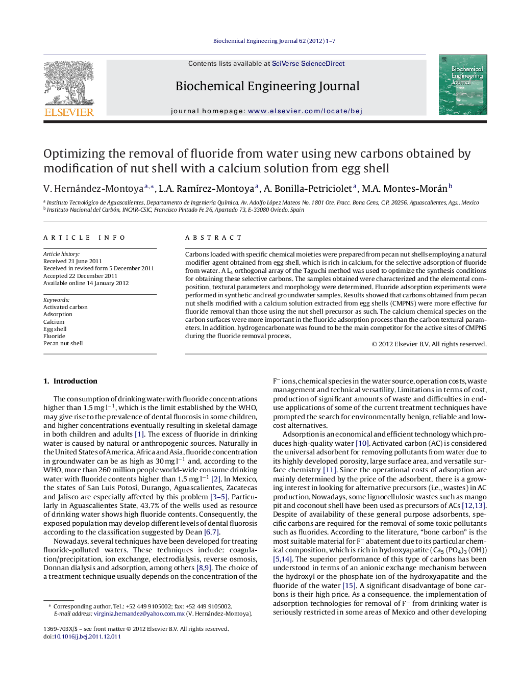 Optimizing the removal of fluoride from water using new carbons obtained by modification of nut shell with a calcium solution from egg shell