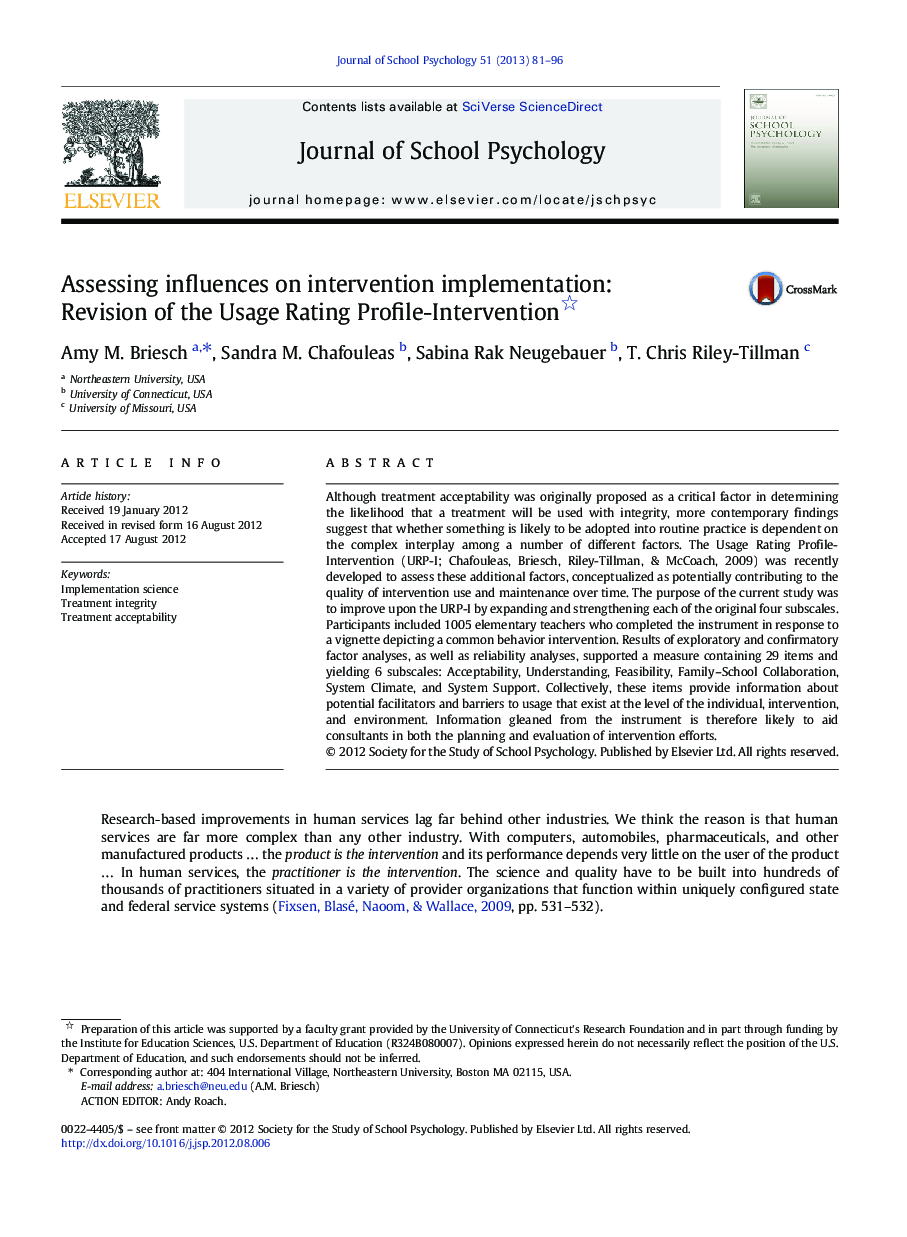 Assessing influences on intervention implementation: Revision of the Usage Rating Profile-Intervention 