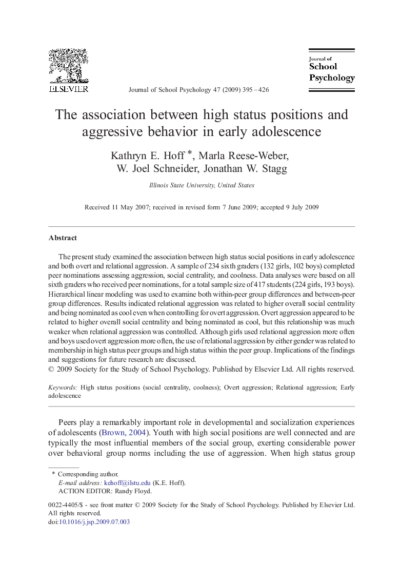 The association between high status positions and aggressive behavior in early adolescence