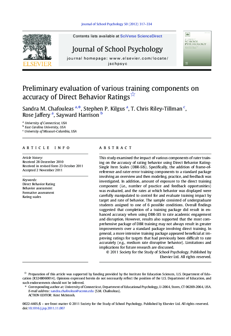 Preliminary evaluation of various training components on accuracy of Direct Behavior Ratings 