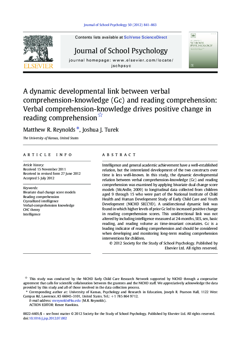 A dynamic developmental link between verbal comprehension-knowledge (Gc) and reading comprehension: Verbal comprehension-knowledge drives positive change in reading comprehension 