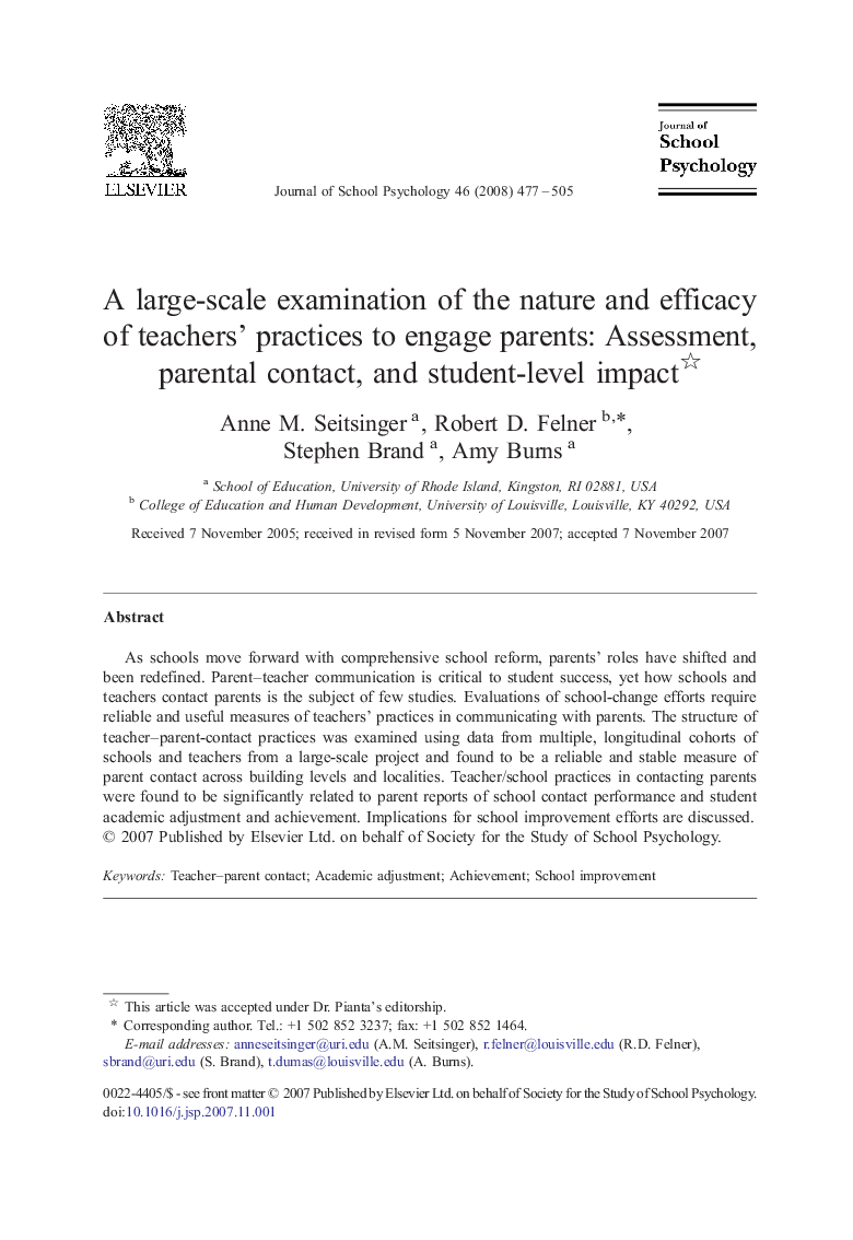 A large-scale examination of the nature and efficacy of teachers' practices to engage parents: Assessment, parental contact, and student-level impact 