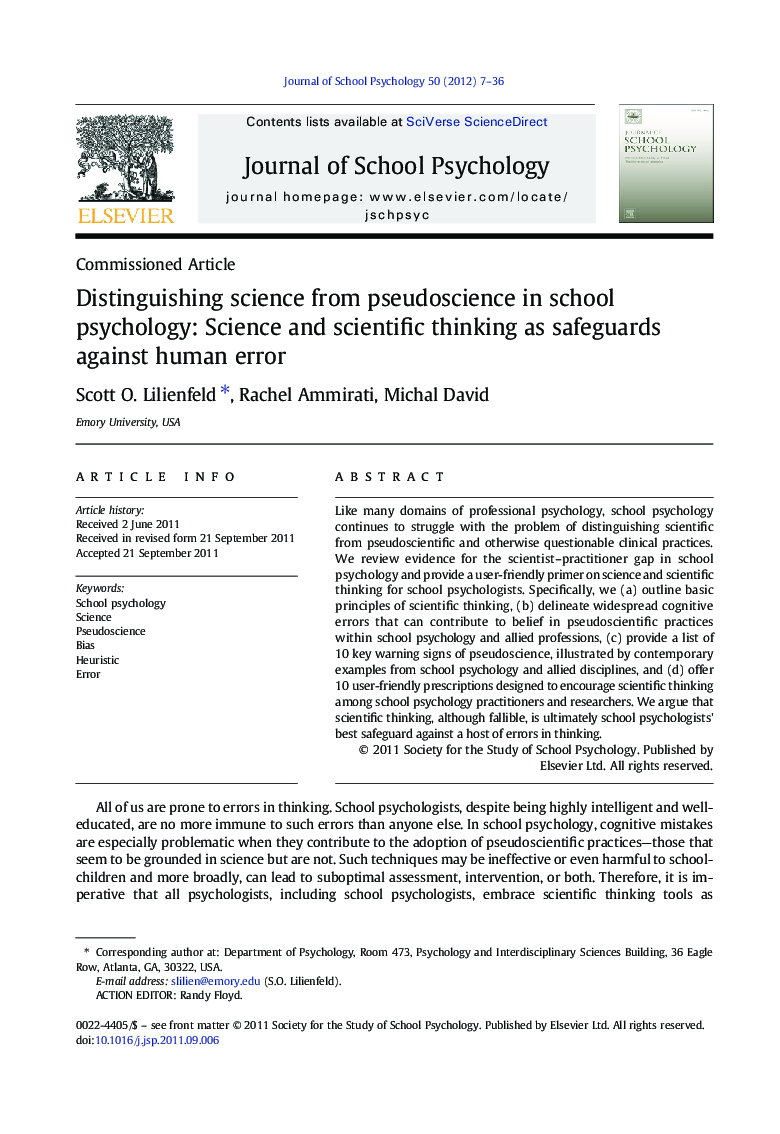 Distinguishing science from pseudoscience in school psychology: Science and scientific thinking as safeguards against human error
