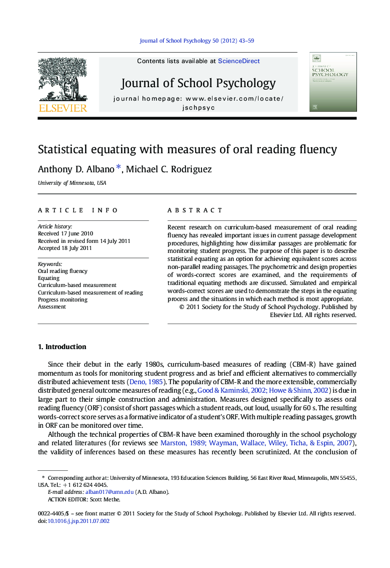 Statistical equating with measures of oral reading fluency