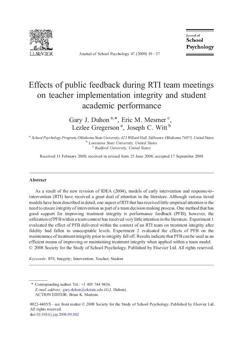 Effects of public feedback during RTI team meetings on teacher implementation integrity and student academic performance