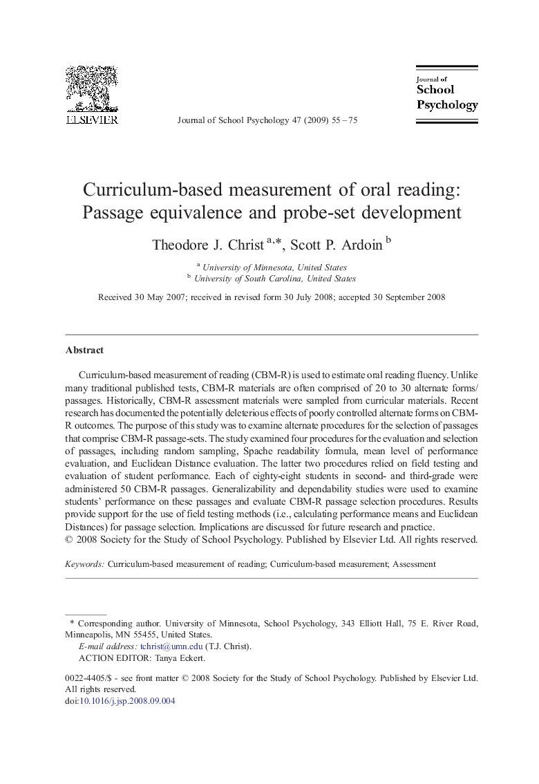 Curriculum-based measurement of oral reading: Passage equivalence and probe-set development