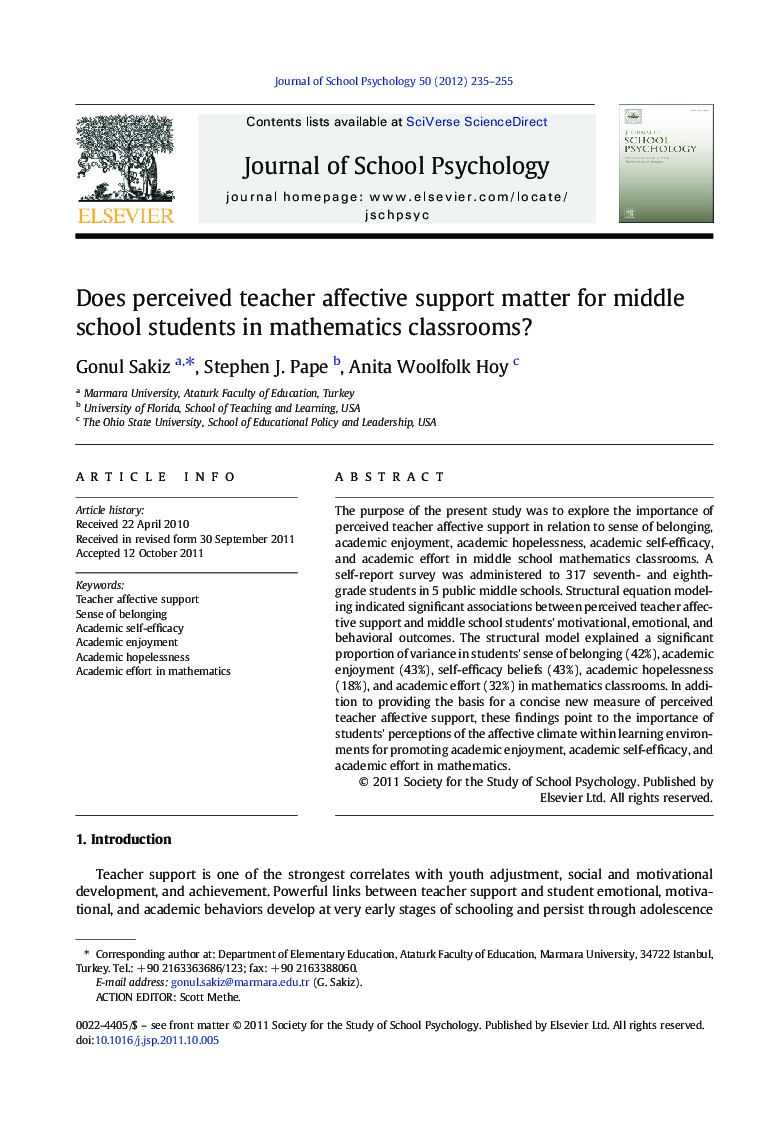 Does perceived teacher affective support matter for middle school students in mathematics classrooms?