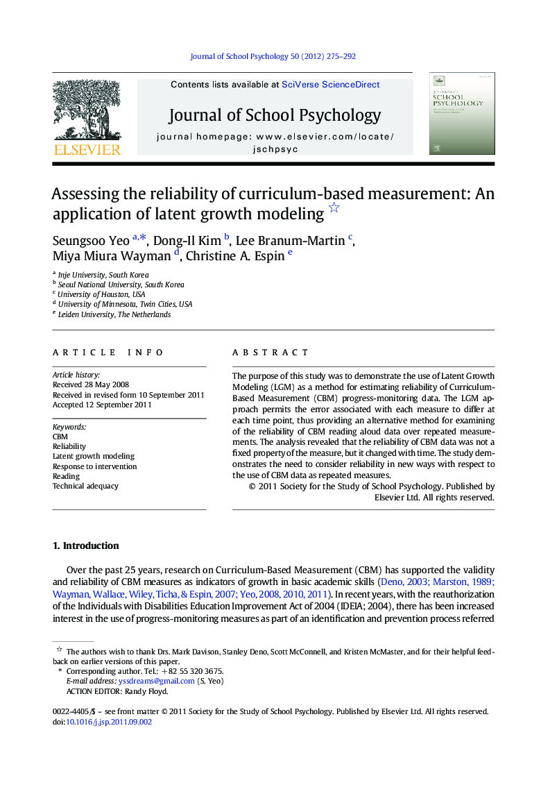 Assessing the reliability of curriculum-based measurement: An application of latent growth modeling 