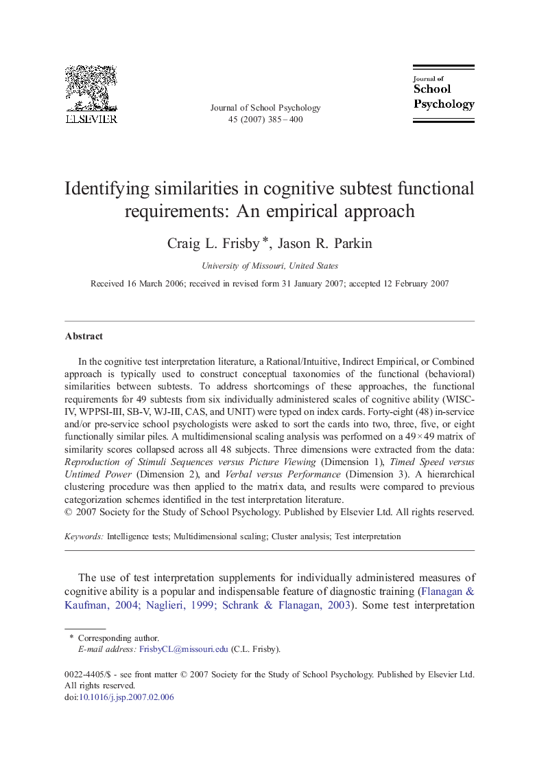 Identifying similarities in cognitive subtest functional requirements: An empirical approach