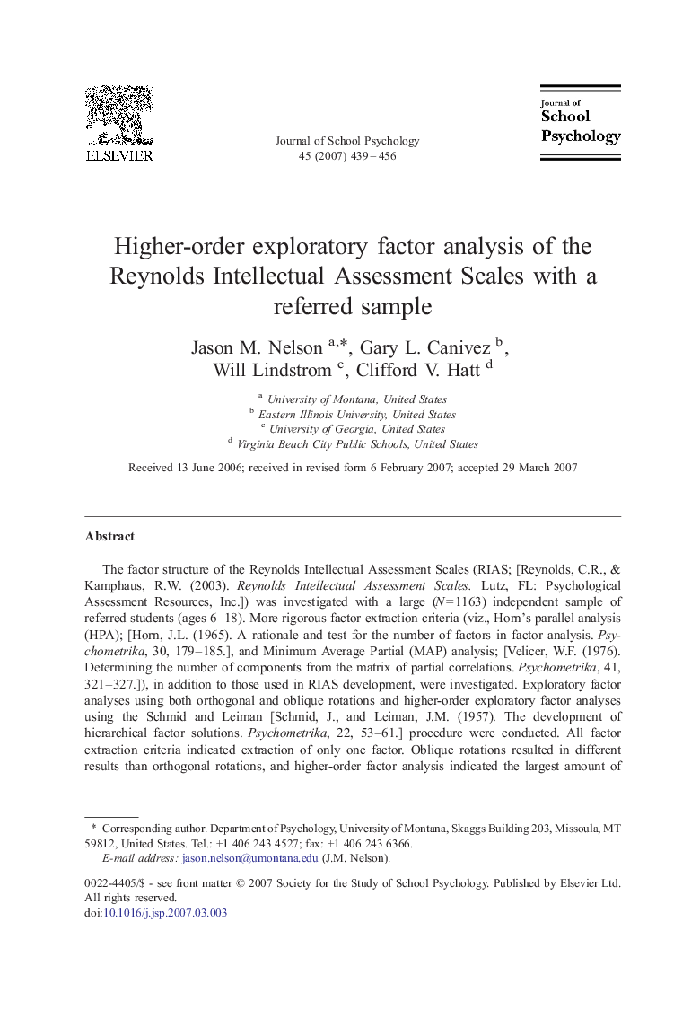 Higher-order exploratory factor analysis of the Reynolds Intellectual Assessment Scales with a referred sample