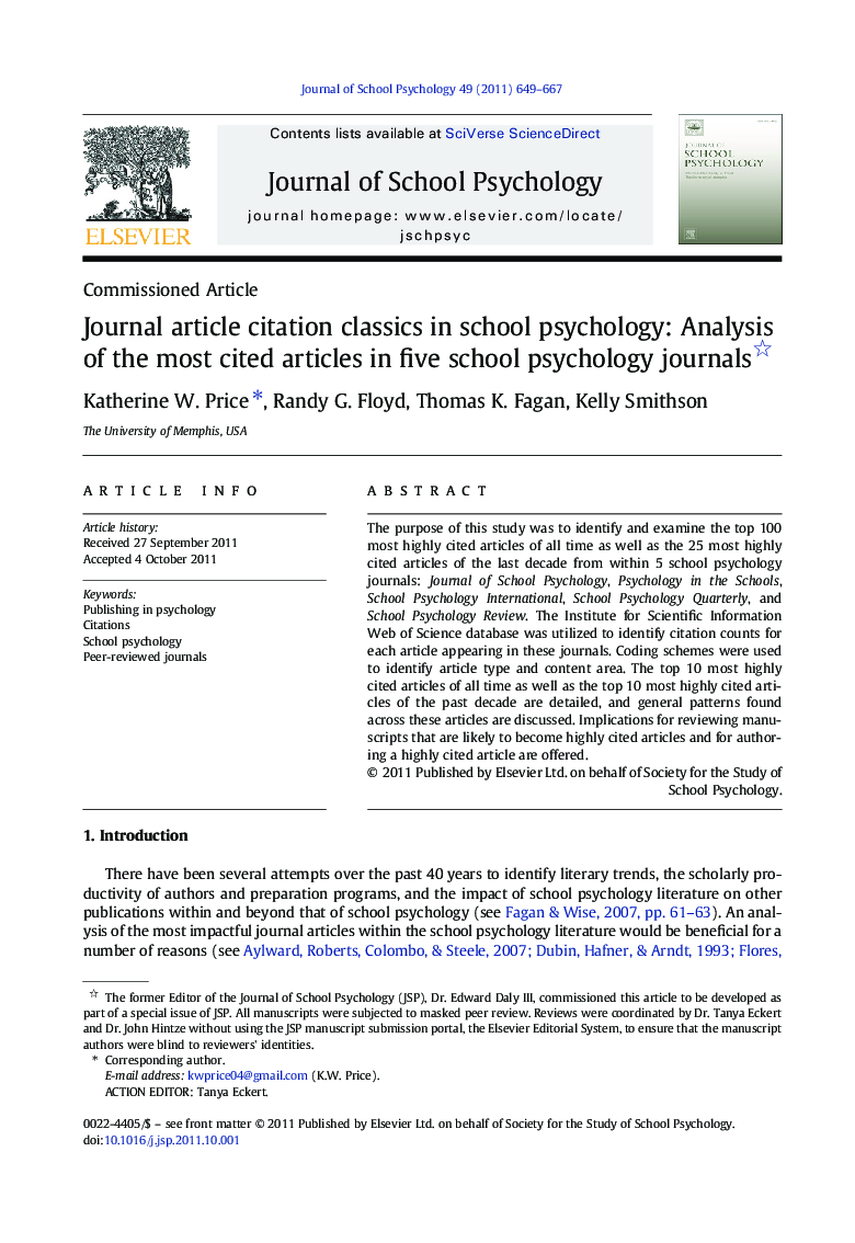 Journal article citation classics in school psychology: Analysis of the most cited articles in five school psychology journals 