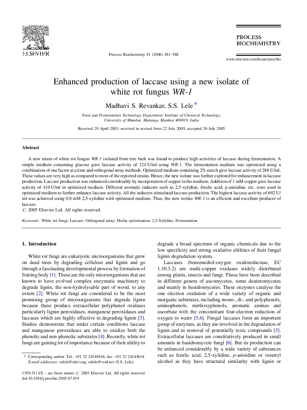 Enhanced production of laccase using a new isolate of white rot fungus WR-1