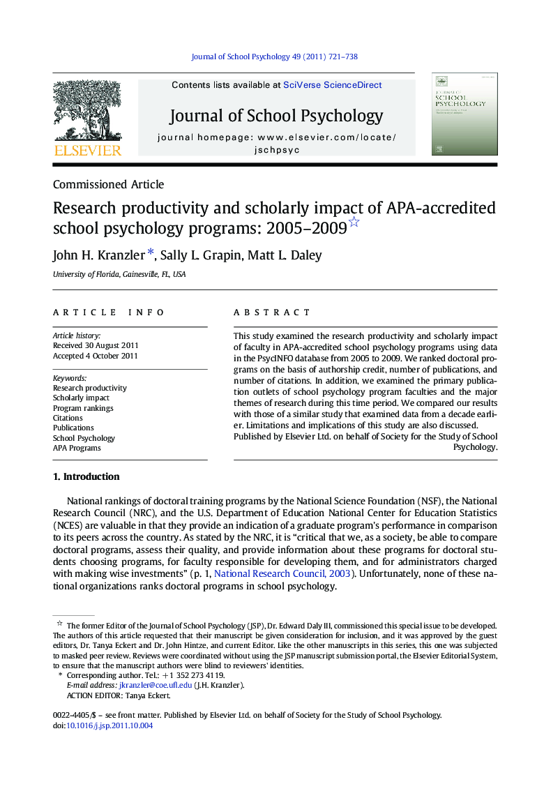 Research productivity and scholarly impact of APA-accredited school psychology programs: 2005–2009 