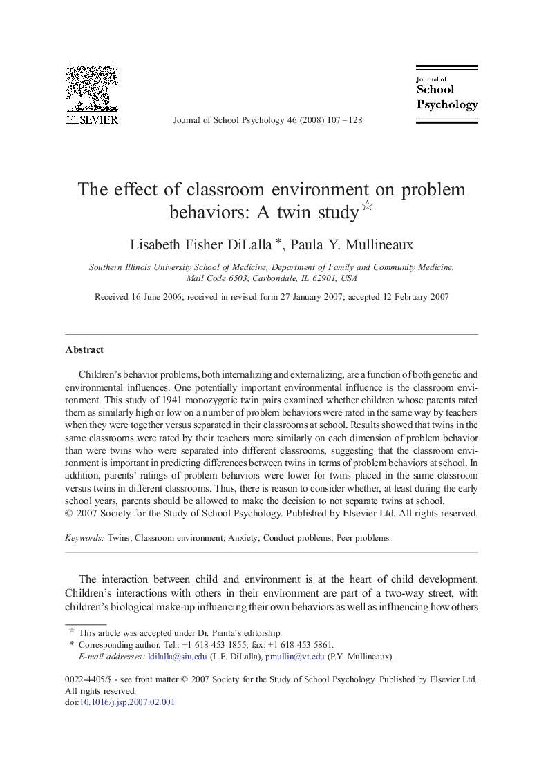 The effect of classroom environment on problem behaviors: A twin study 