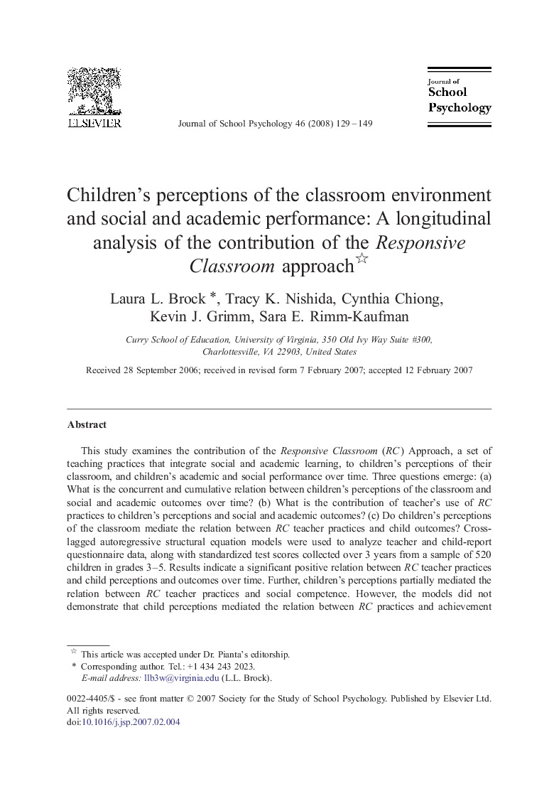 Children's perceptions of the classroom environment and social and academic performance: A longitudinal analysis of the contribution of the Responsive Classroom approach 