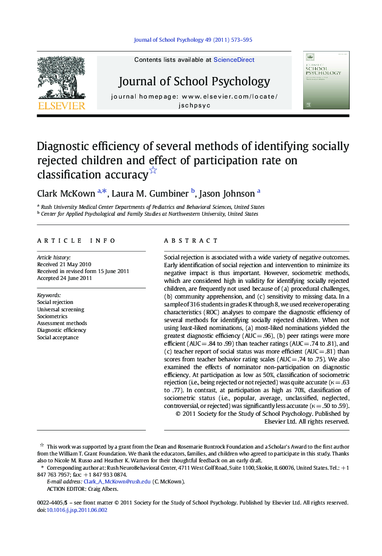 Diagnostic efficiency of several methods of identifying socially rejected children and effect of participation rate on classification accuracy 