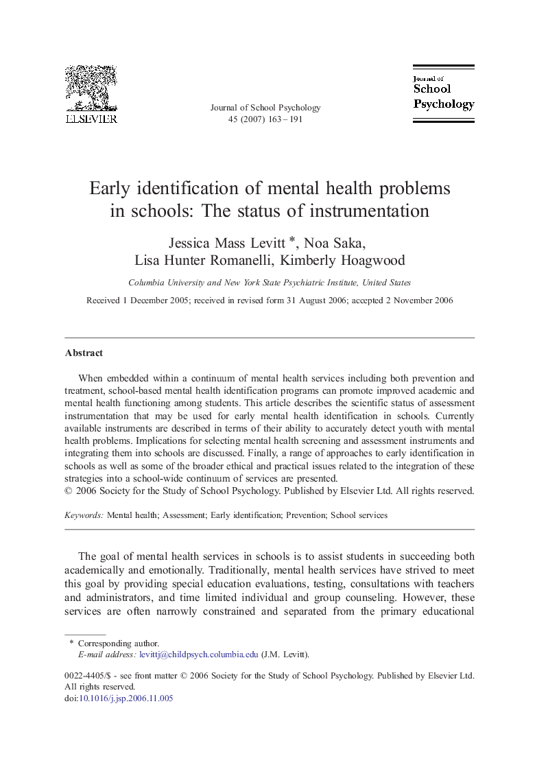 Early identification of mental health problems in schools: The status of instrumentation