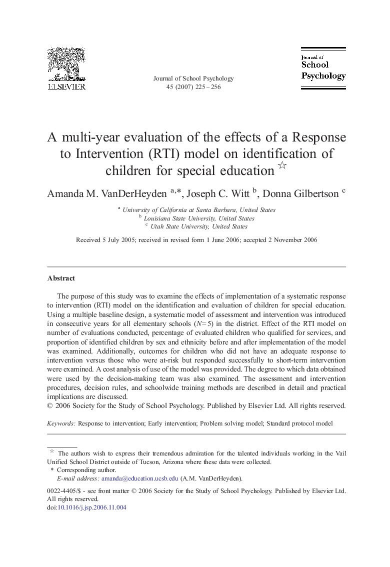 A multi-year evaluation of the effects of a Response to Intervention (RTI) model on identification of children for special education 