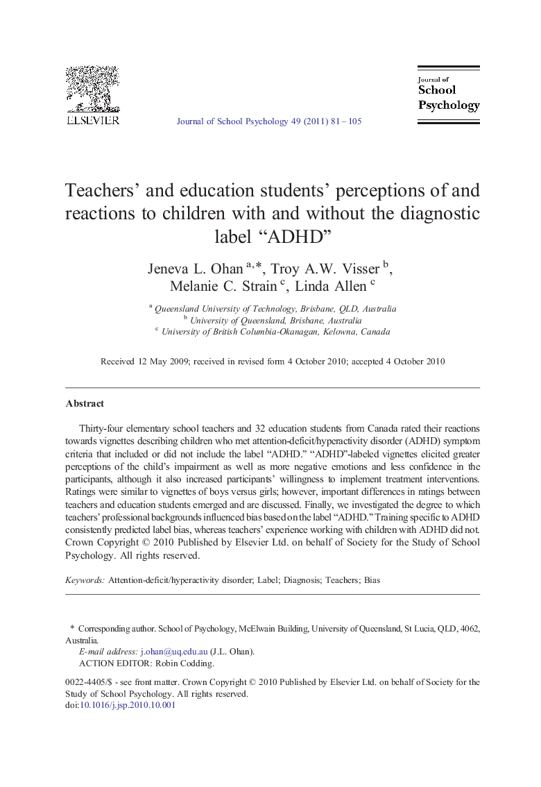 Teachers' and education students' perceptions of and reactions to children with and without the diagnostic label “ADHD”