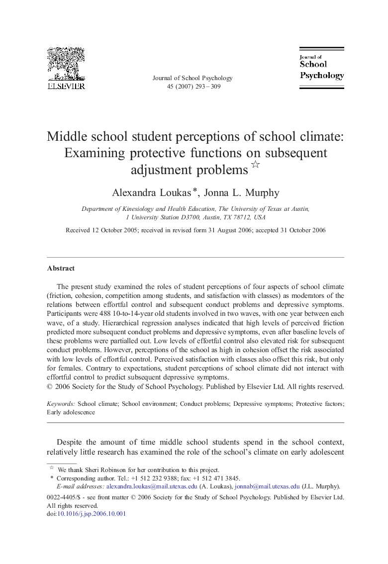 Middle school student perceptions of school climate: Examining protective functions on subsequent adjustment problems 