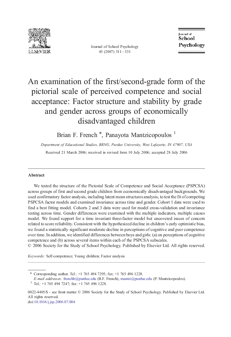 An examination of the first/second-grade form of the pictorial scale of perceived competence and social acceptance: Factor structure and stability by grade and gender across groups of economically disadvantaged children