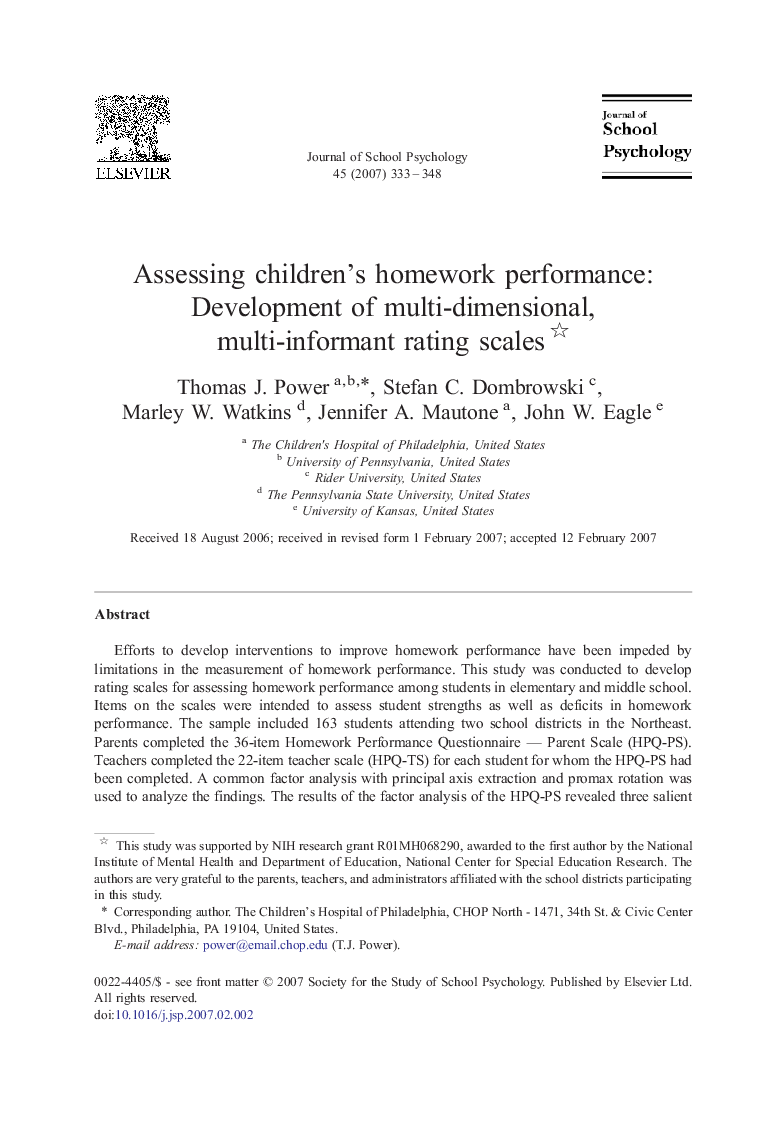 Assessing children's homework performance: Development of multi-dimensional, multi-informant rating scales 