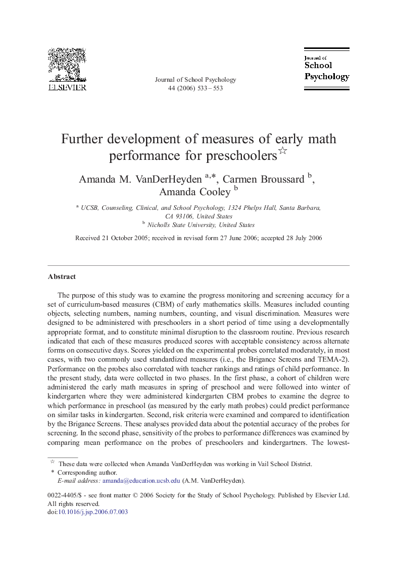 Further development of measures of early math performance for preschoolers 