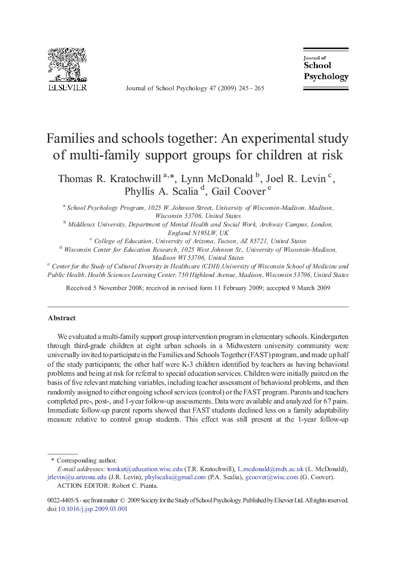 Families and schools together: An experimental study of multi-family support groups for children at risk